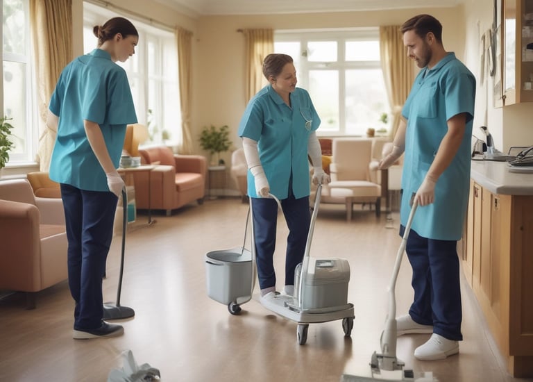 Caregiver organizing and cleaning a cozy elderly person's room.
