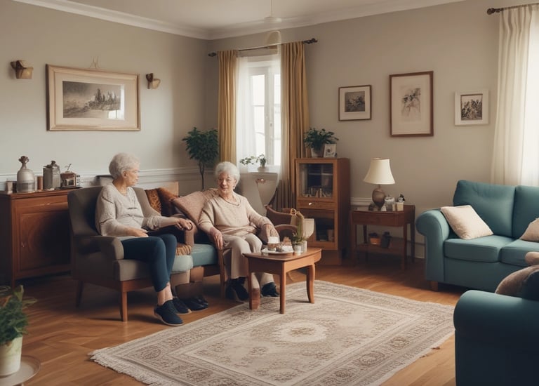 Elderly woman smiling gently while a caregiver assists her at home.