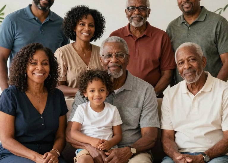 Family reunion with multiple generations sharing laughter and music.