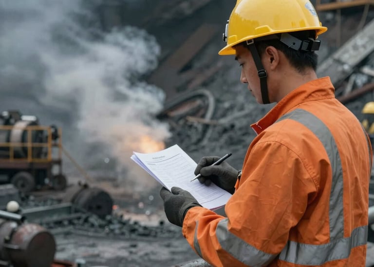 Technician inspecting industrial safety equipment in a mining site.