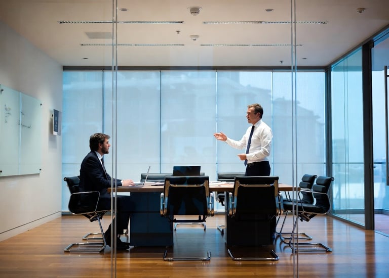 A businessman standing and presenting to a colleague in a modern glass-walled conference room.