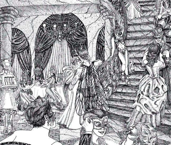 black and white pen and ink illustration Steampunk Victorian masquerade dance party narrative character