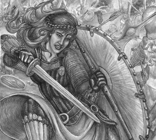 black and white illustration back cover Viking Shieldmaiden battle