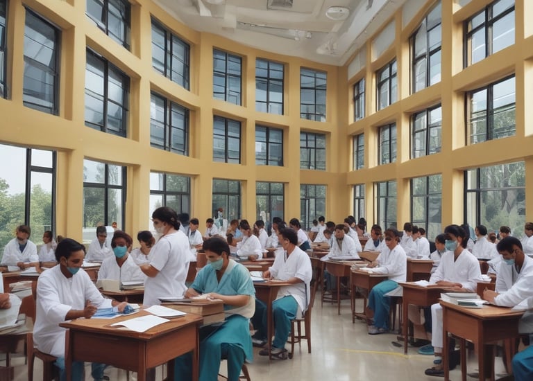 Medical college students practicing clinical skills in a hospital setting