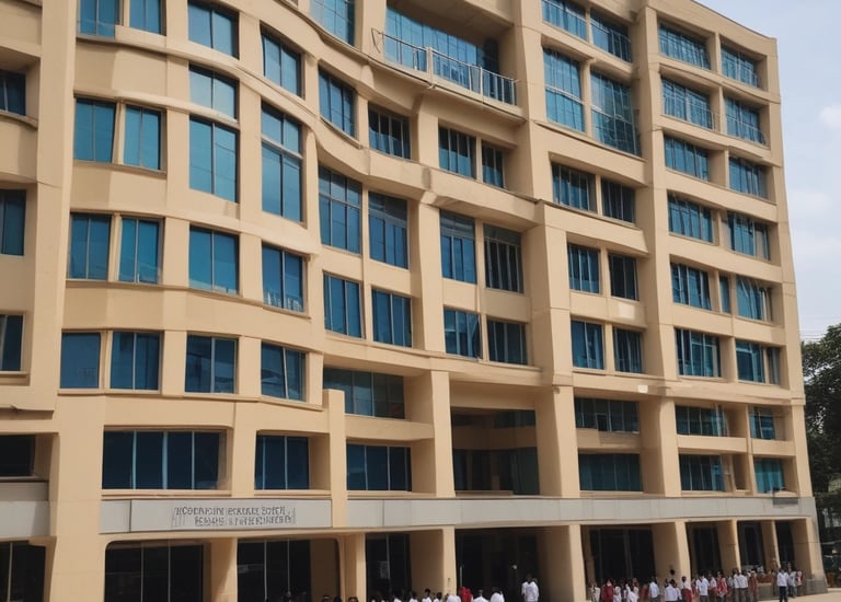 A medical college campus bustling with students in white coats.