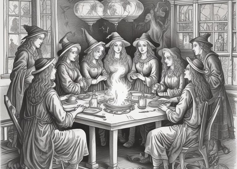 A circle of diverse people sharing stories under a yellow-hued mystical sky.