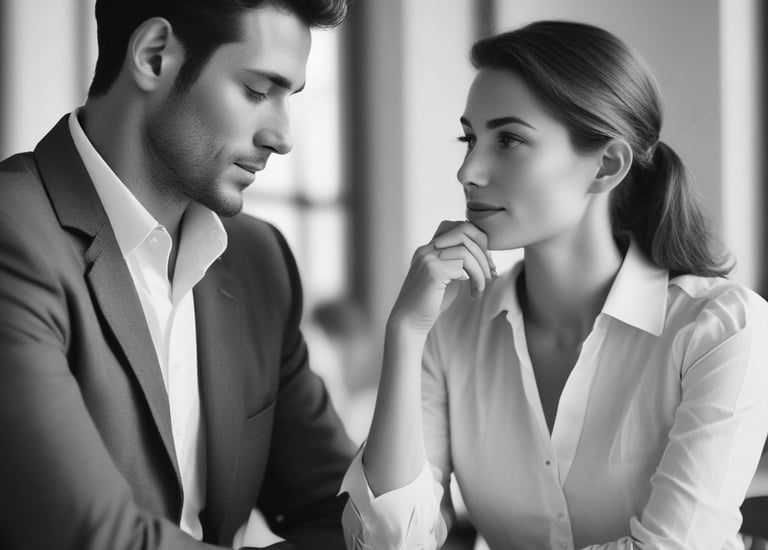 Two people sharing a warm, genuine smile, illustrating emotional connection and trust.