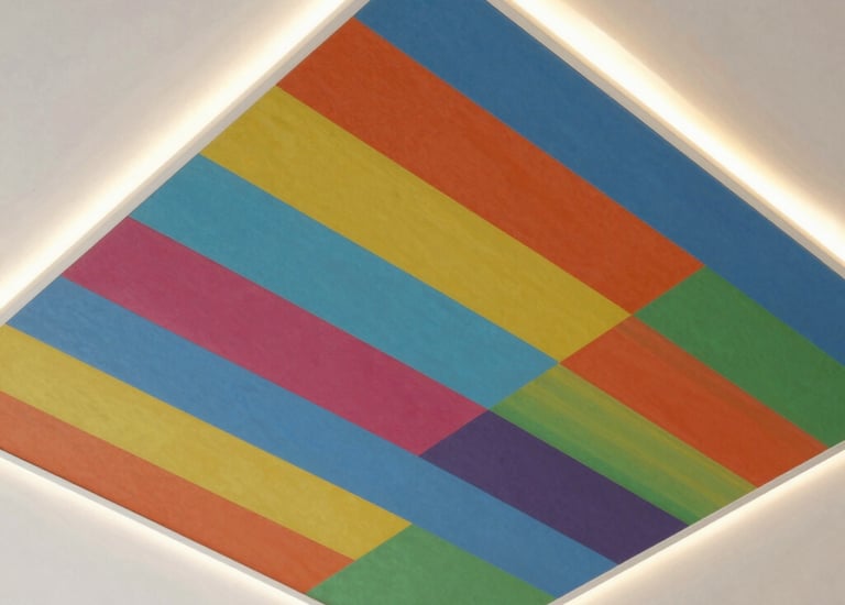 Finished ceiling with intricate plaster designs illuminated by warm ambient light.