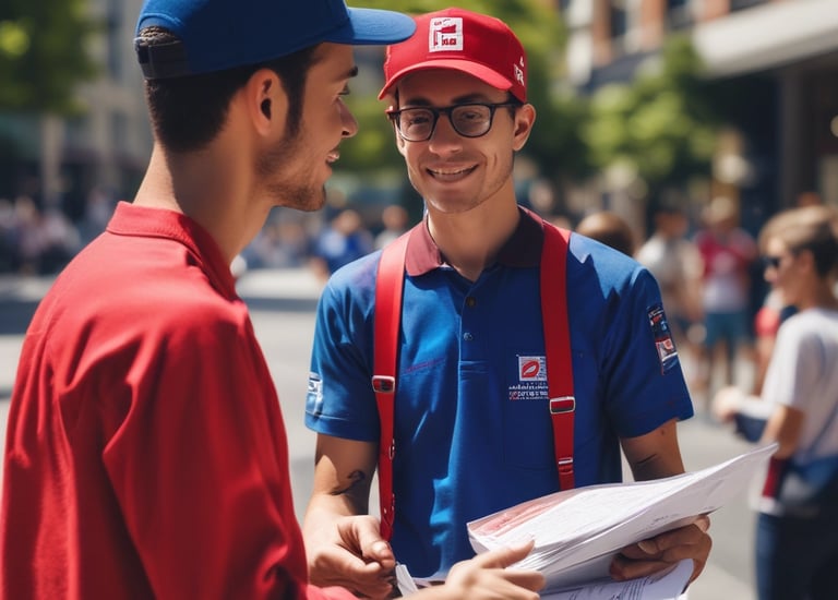 A team organizing flyers in red, black, and white colors for delivery.