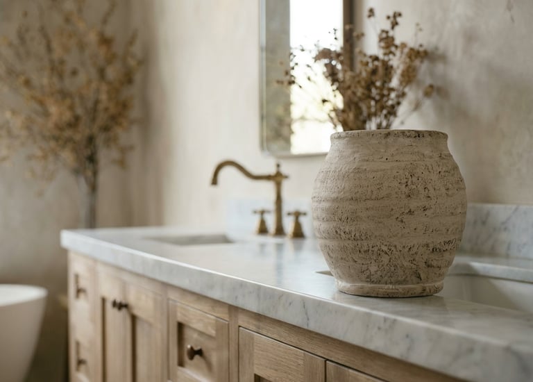 Rustic stone vase on a white marble countertop with wood cabinets and gold bathroom fixtures.