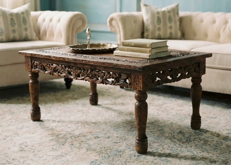Hand-carved dark wood coffee table with books in a luxury living room setting.