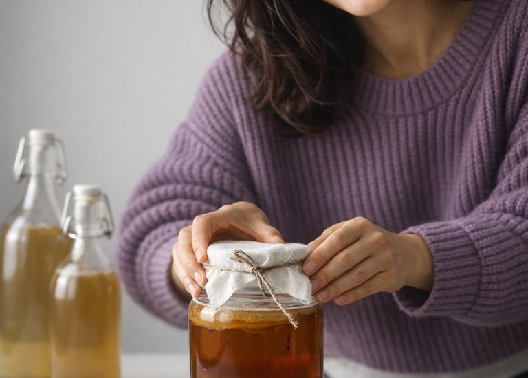 Una mujer sonriente abriendo un frasco de vidrio con kombucha casera y un SCOBY .