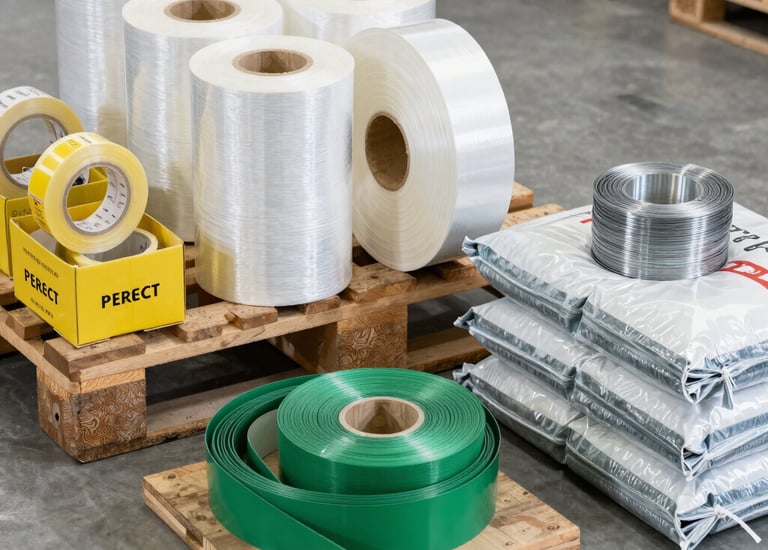 Industrial packaging line with stretch film and adhesive tapes in use