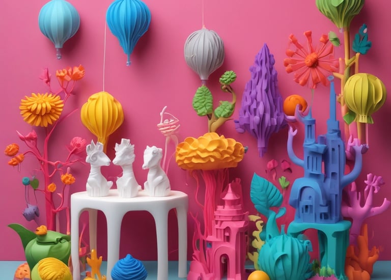 Decorative 3D printed home pieces arranged in a cozy living room.