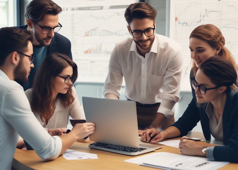 Creative team reviewing campaign results on large screens.