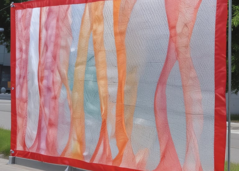 A detailed shot of a printed mesh banner attached to a construction site fence.