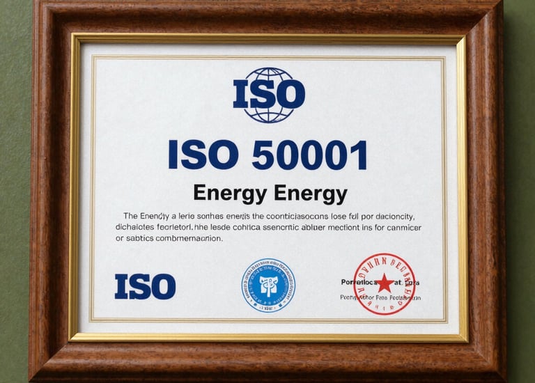 A modern office environment with ISO certification plaques on the wall.