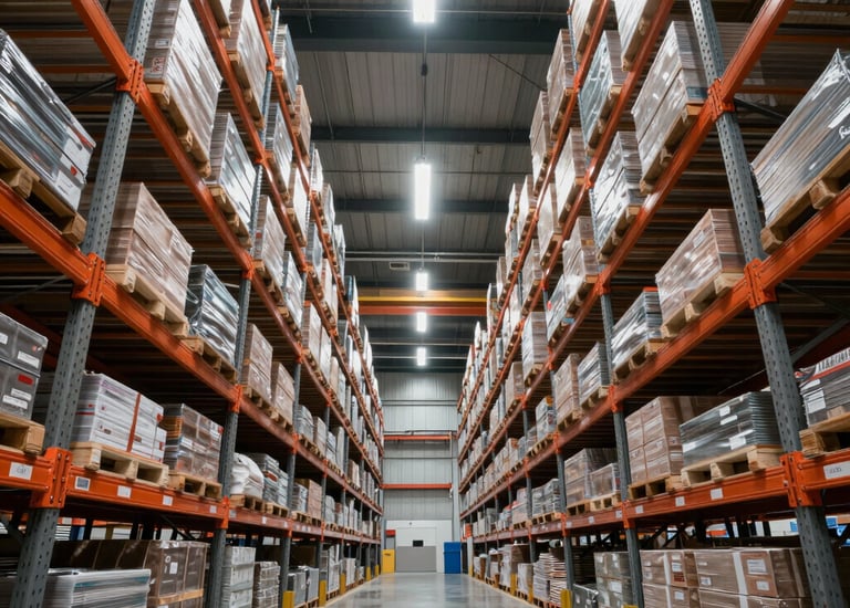 A sleek US-based warehouse with organized shelves and staff preparing shipments.