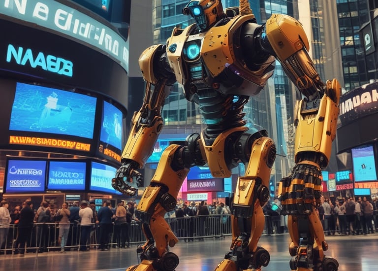 A busy stock exchange floor with real-time AI analytics displays.