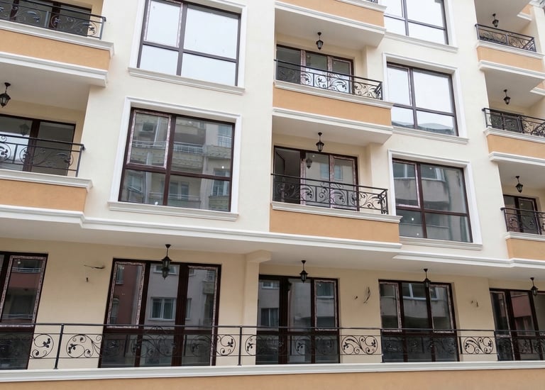 Modern apartment building facade with wrought iron balconies and large glass windows.