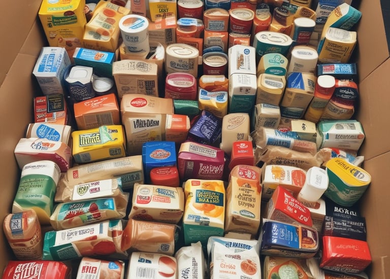 A cardboard box overflowing with assorted packaged pantry food items and canned goods for a food drive.