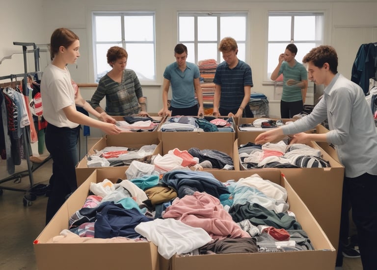 Knights of Columbus members gathered outdoors painting a community center in shades of blue and white.