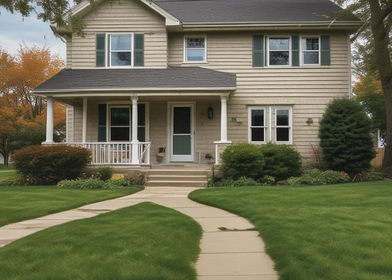 A smiling homeowner shaking hands with Dan in front of a freshly sold house.