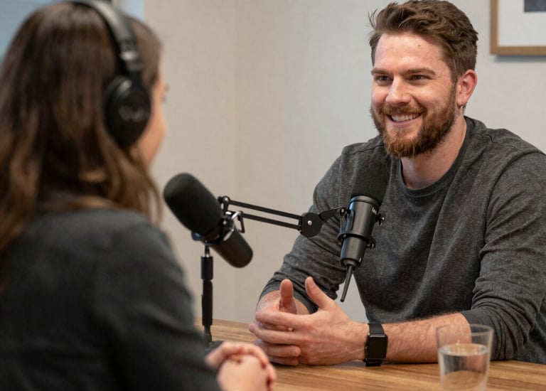 A cozy podcast studio with a microphone and headphones bathed in warm light.