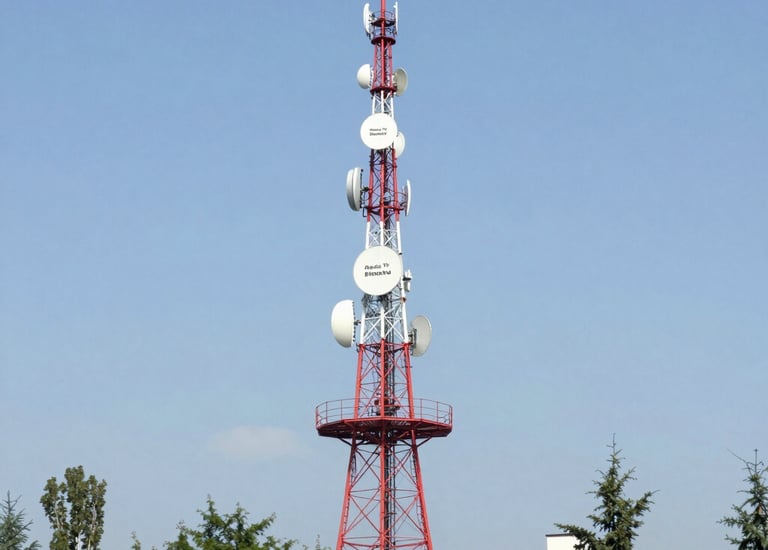 Radio tower glowing against a twilight sky, symbolizing broadcast reach.
