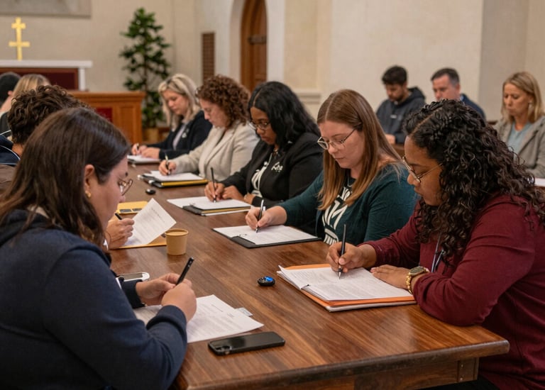 Close-up of soundboard controls in a bustling radio station.