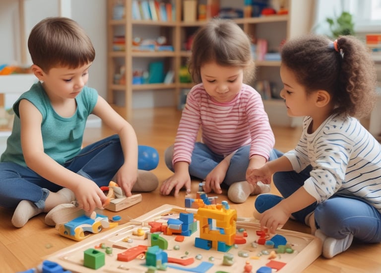 Colorful display of learning toys arranged on shelves in a playful store corner.