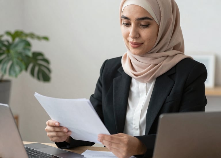 A confident business owner reviewing financial documents in a bright office.