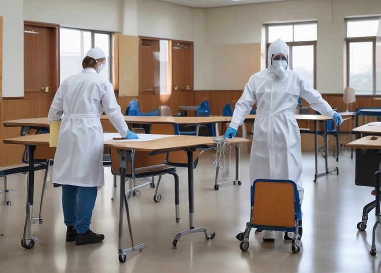 Exterior view of a hotel with pest control team at work.