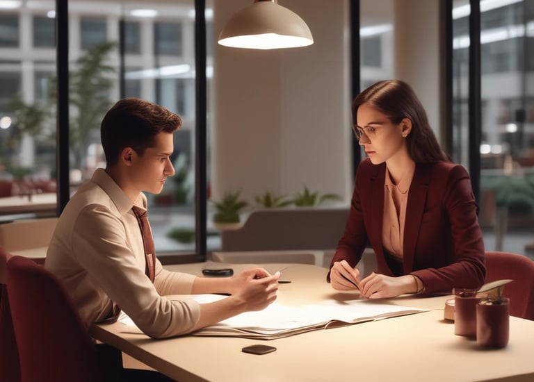 Professional consultant advising clients in a clean, structured office