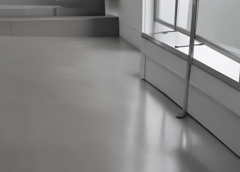 Wide shot of a freshly coated epoxy floor in a busy Dubai warehouse.