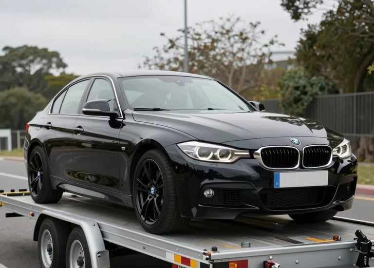 Sleek black sports car parked under city lights at night