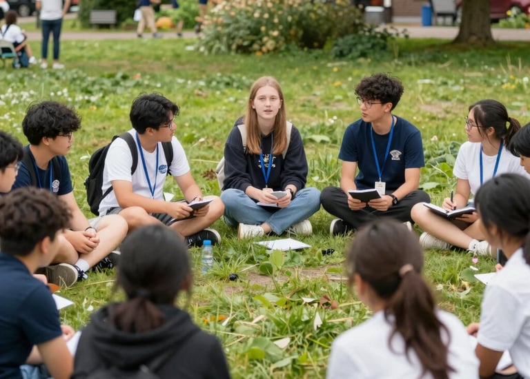 Students presenting their environmental study project in a classroom setting.