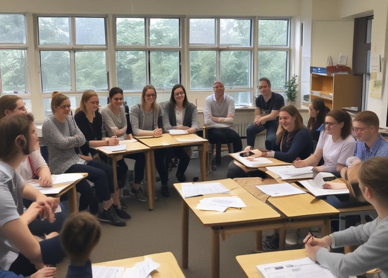 A group of trainee teachers collaborating around a classroom table with lesson plans and laptops.