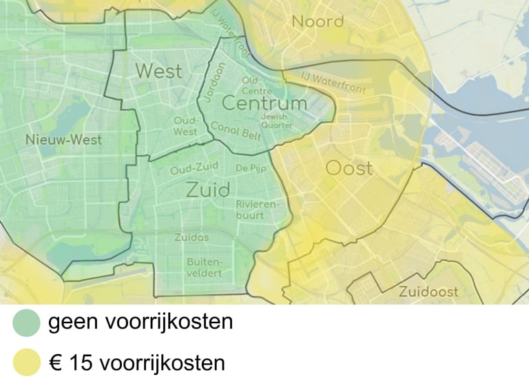 Kaart van Amsterdam met tarieven en voorrijkosten voor fietsreparatie