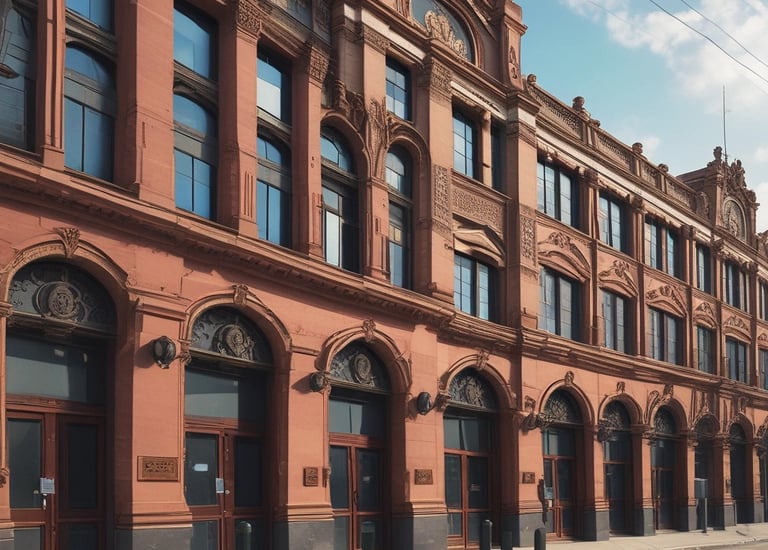 A partially constructed building with scaffolding and a crane towers in the background. In the foreground, there is a paved area lined with benches and decorative plants in planters. Street lights flank the open space, and the sky is partly cloudy.