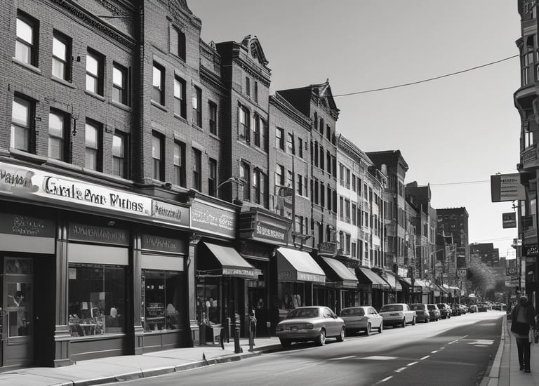 A construction site covered with white sheets, situated at a street corner with visible road signs and traffic lights. Two individuals wearing helmets stand near the entrance. The scene includes some parked and passing vehicles, and the background is a large building with small windows.