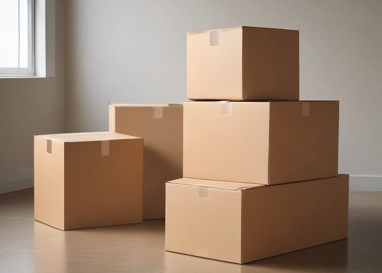 Cardboard boxes are stacked with a focus on one sealed with tape. The lighting is dim, casting shadows around and emphasizing textures.