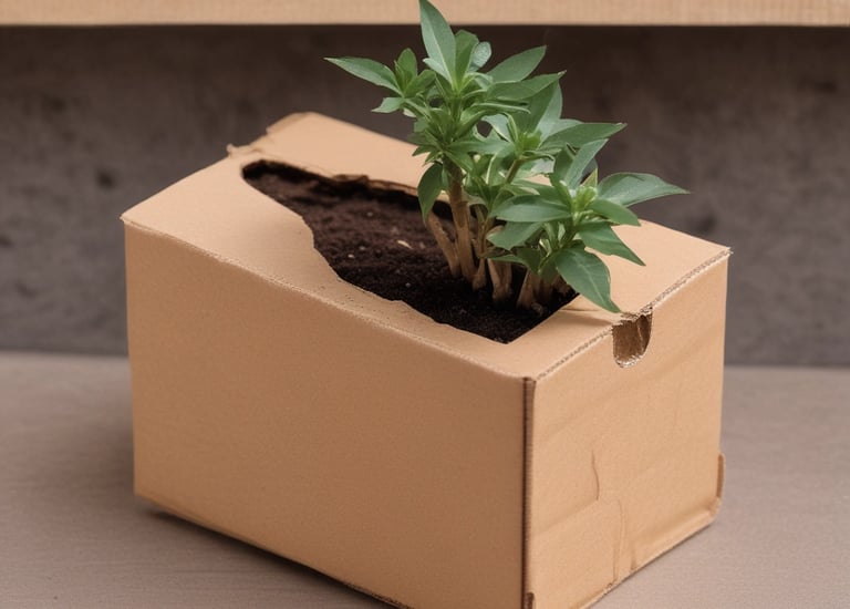 A brown cardboard box with a handle on top, featuring branding and the text 'GRUPOSEPAPEL'. The surface appears smooth with a seal-like logo and text in white.