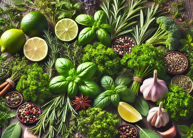 a variety of herbs and spices on a wooden table