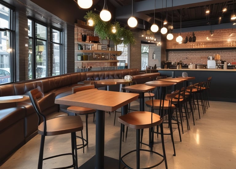 A cozy corner featuring wooden furniture against a dark wooden wall, with small stools and a table. White fabric banners with Japanese characters hang overhead. A small potted plant adds a touch of greenery. A black sandwich board sign with 'Kyoto Country Club' and a silhouetted figure is visible in the foreground.
