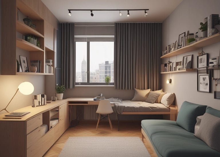 A modern, stylish interior with wooden walls featuring geometric patterns and warm lighting. The space includes sleek tables and chairs with light-colored upholstery, complemented by a potted green plant in the corner. The design is minimalistic yet inviting.