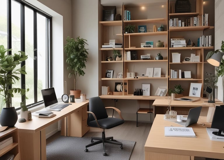 An elegantly designed room features modern wooden furniture, with various types of seating and shelving. The space is well-lit due to large windows that allow natural light to stream in. Hanging geometric pendant lights add to the stylish atmosphere. The decor includes colorful throw pillows and minimal decorative pieces.