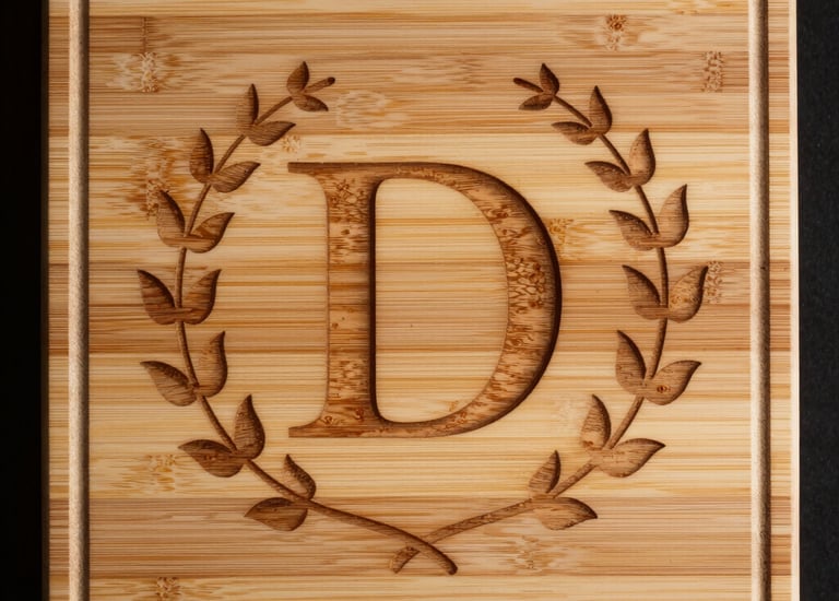 Close-up of a wooden plaque with intricate laser engraving.
