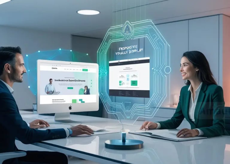 Un hombre y una mujer en un ambiente de oficina moderna analizan diseños web interactivos proyectados en hologramas.