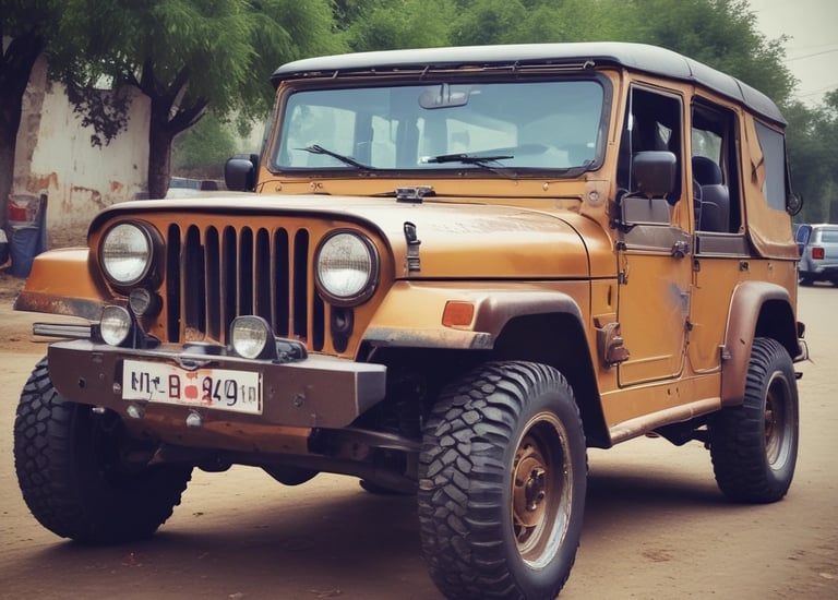 A yellow Jeep with a front view, featuring distinctive smiley face covers on its side mirrors. It is parked in an open area with some buildings and other cars visible in the background. The front bumper has additional lights and a Massachusetts license plate.